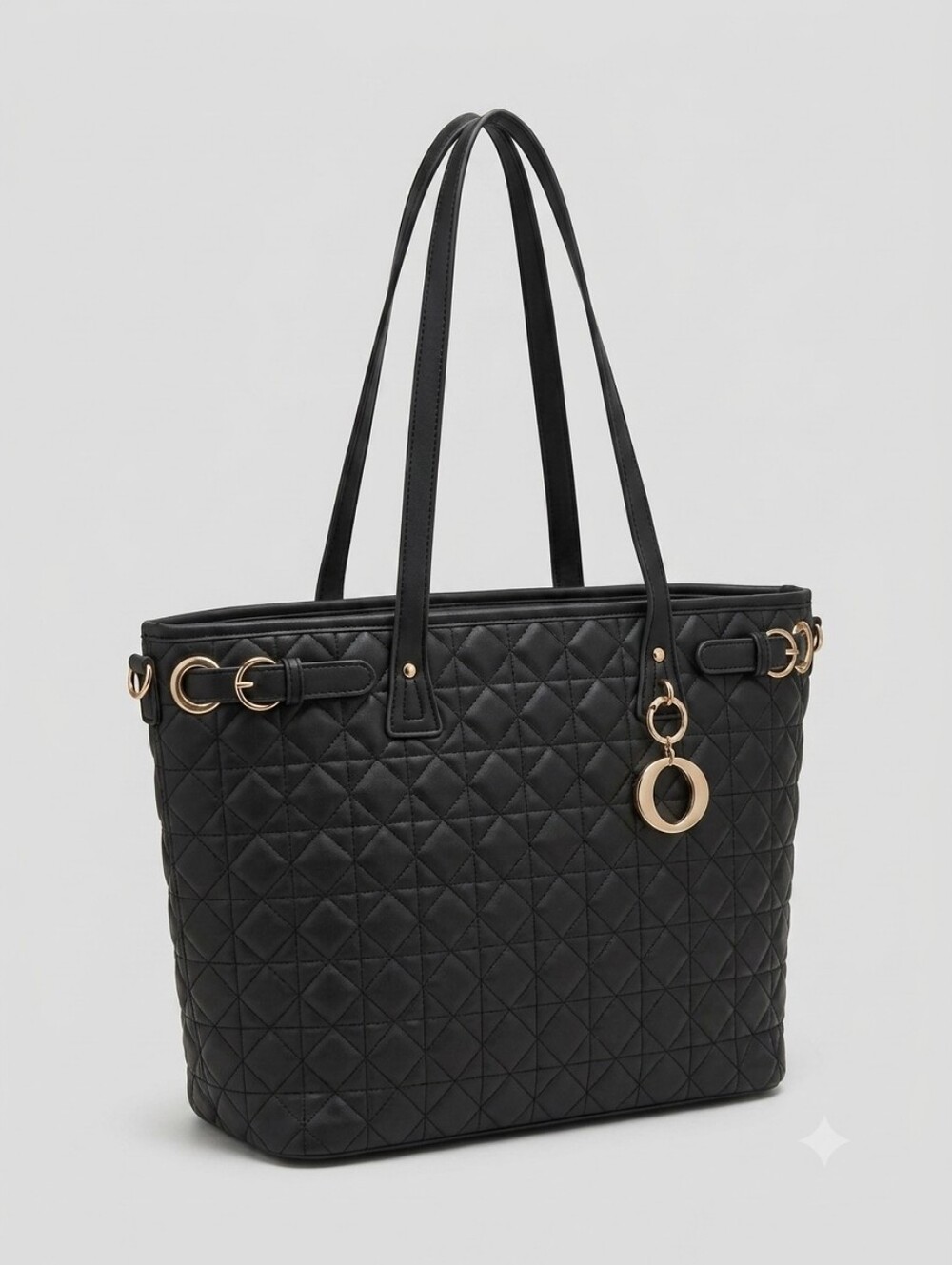 Quilted Black Tote Bag with Gold Accent Charm